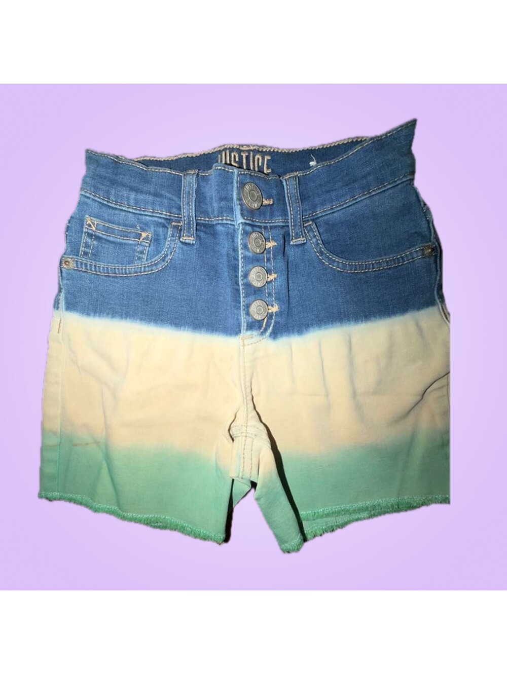 Justice Girls Size 8 Blue White Mint Ombré Denim Button Fly Shorts